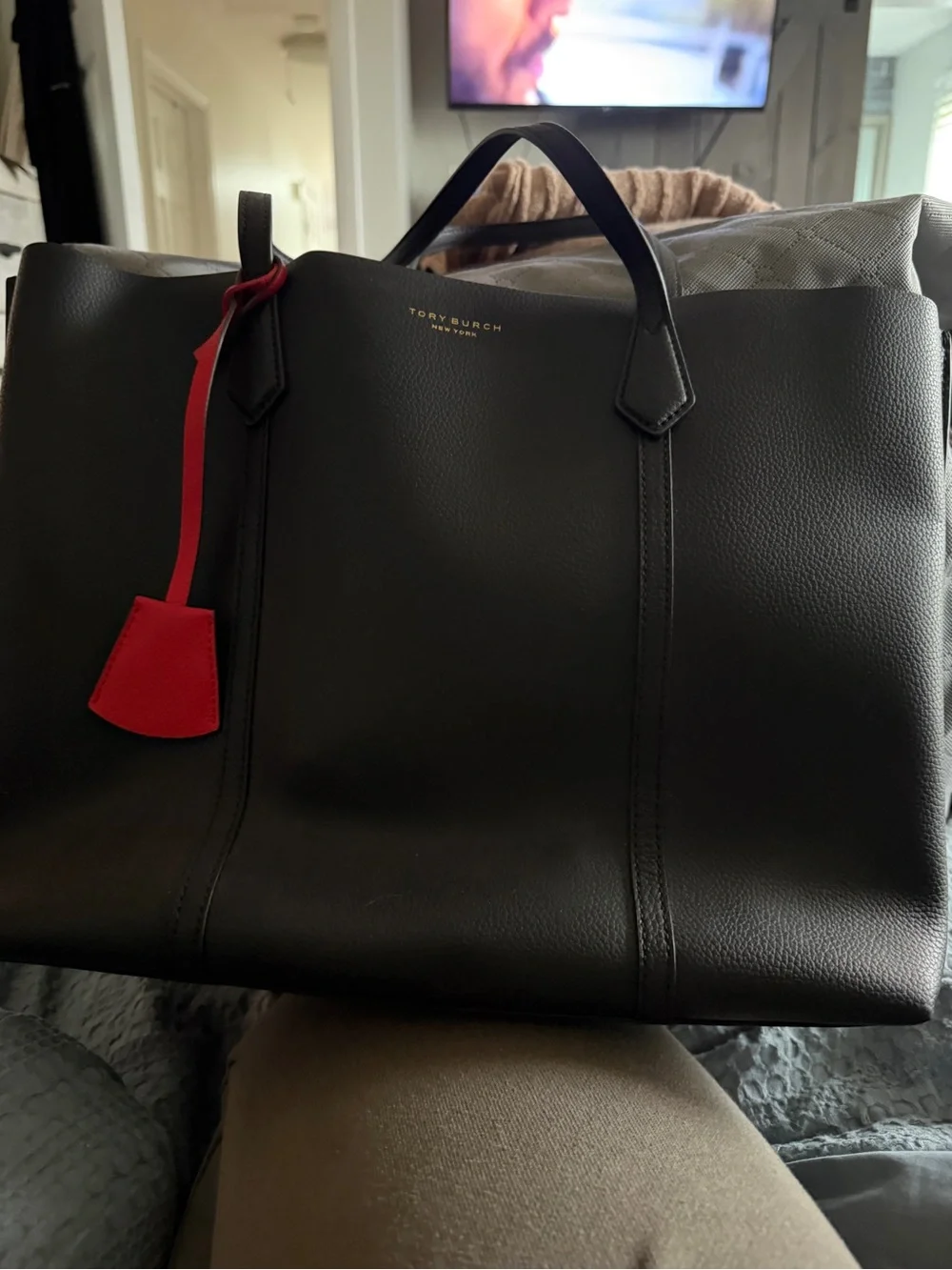 Tory Burch Black Leather Laptop Tote with Red Tag
